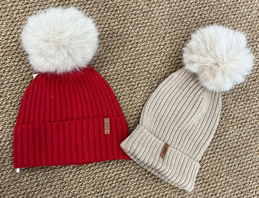 Cappello Condor Beige/Rosso Pon Pon