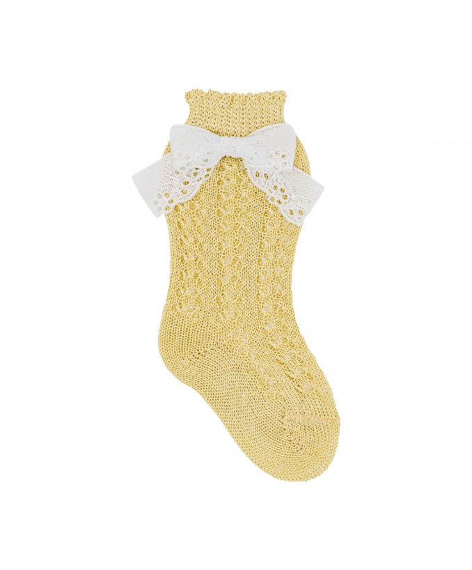 Calzino Lungo In Cotone/Filo di Scozia con Motivo Traforato e Fiocco San Gallo Applicato COCCOLI NL1435F
