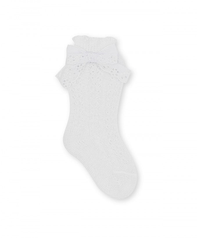 Calzino Lungo In Cotone/Filo di Scozia con Motivo Traforato e Fiocco San Gallo Applicato COCCOLI NL1435F