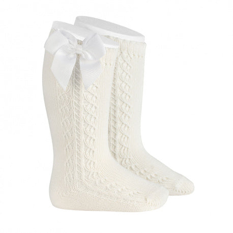 Calze lunghe cotone caldo con traforato e fiocco LATTE