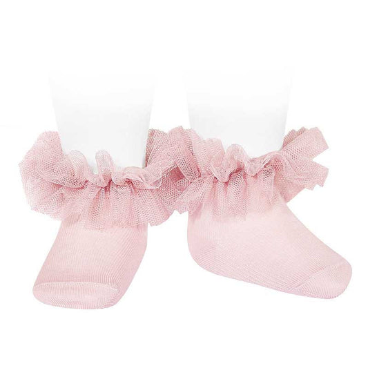 Calze alla caviglia con bordo in tulle arricciato ROSA