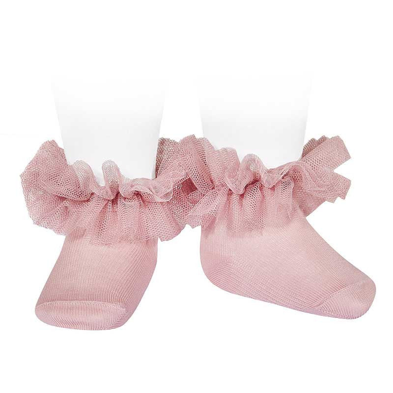 Calze alla caviglia con bordo in tulle arricciato ROSA PALLIDO