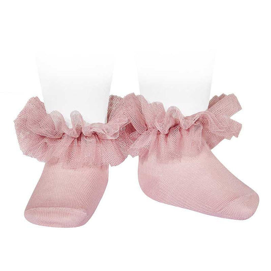 Calze alla caviglia con bordo in tulle arricciato ROSA PALLIDO